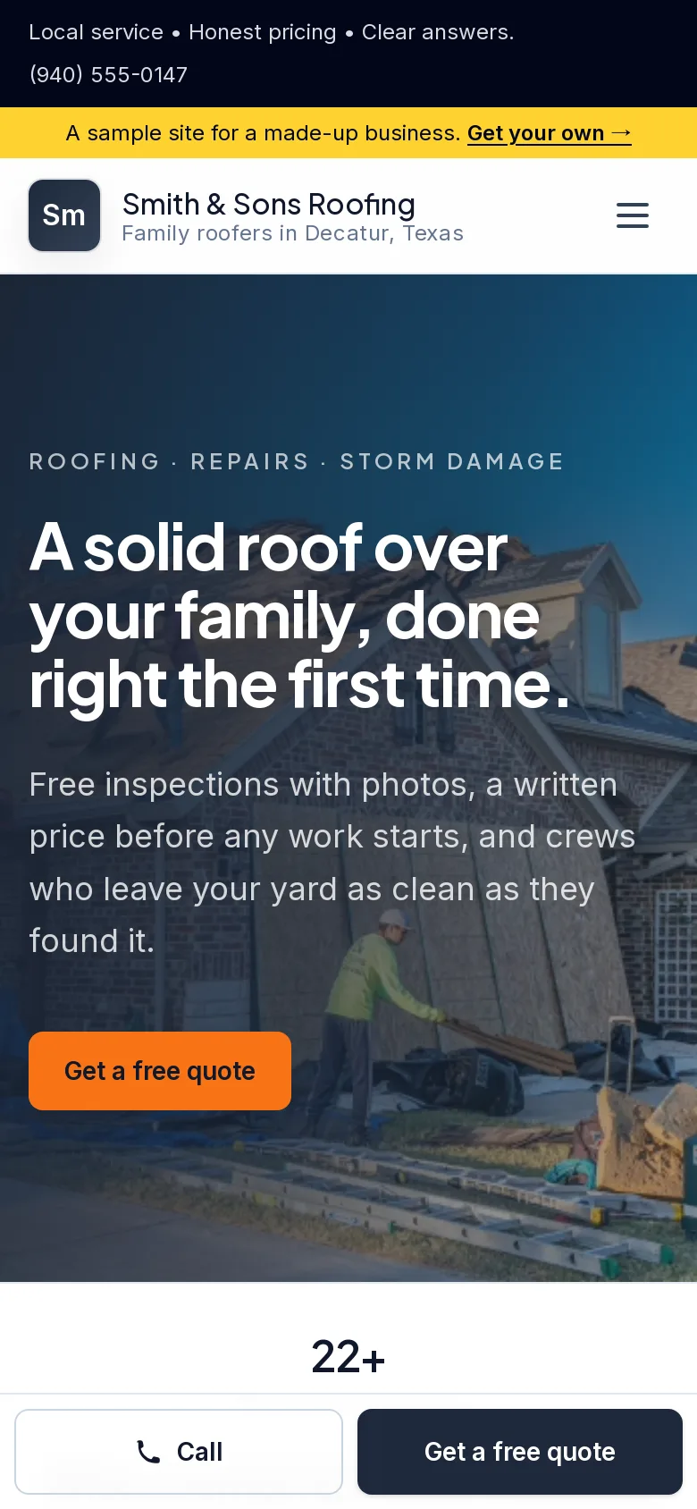 The sample roofing site on a phone: the headline over a photo of the crew, with Call and Get a free quote buttons pinned to the bottom of the screen