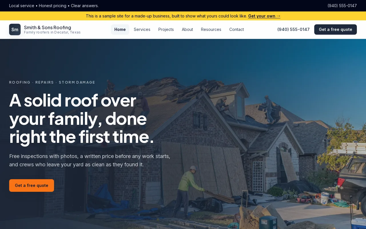 The live sample site for a roofing company: a crew at work on a roof, the headline, a Get a free quote button, and the phone number and quote button in the header